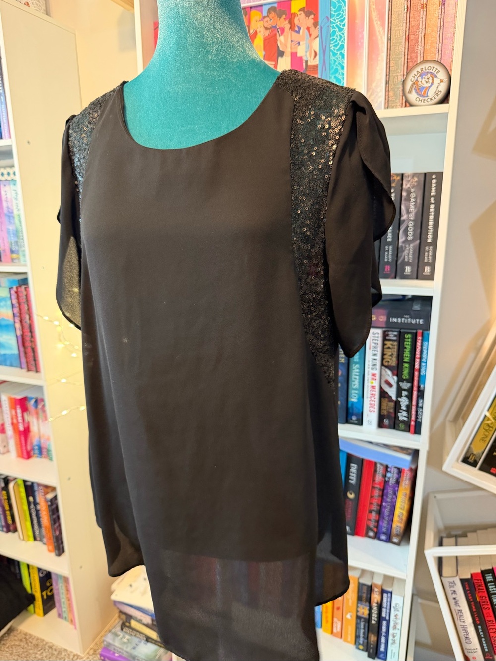 Love Stitch Boutique Black Women's Chiffon Overlay Top with Sequin Shoulder